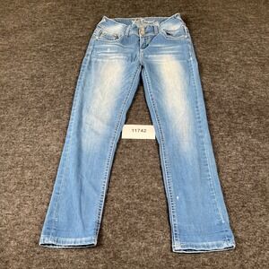 Wall Flower Jeans Womens 5 Blue Denim Ramie Stretch Straight Leg Whiskers Detail